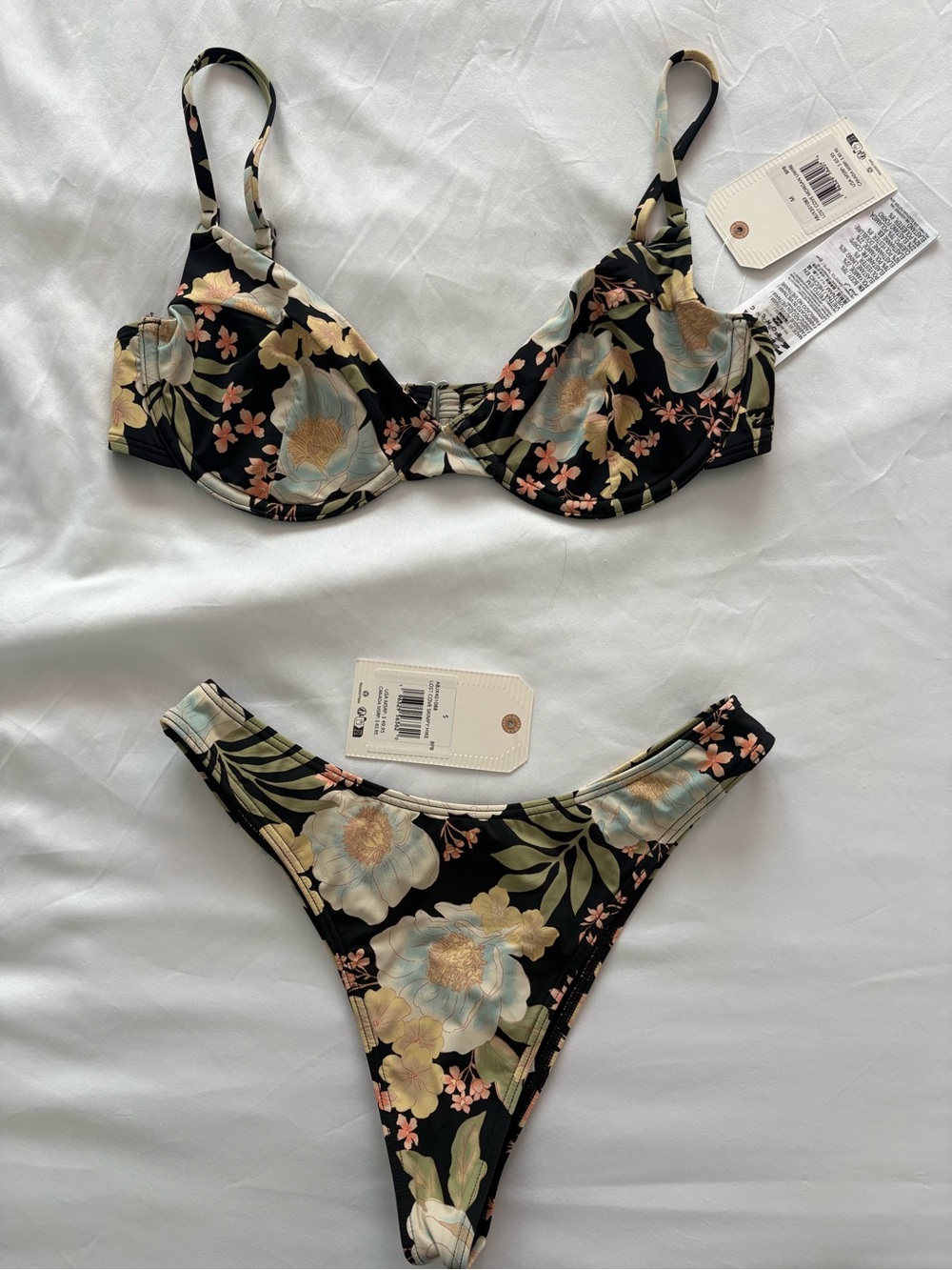 Billabong Black Floral Underwire Bikini with Cream & Blue Flowers